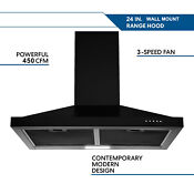 Sndoas 24in Wall Mount Kitchen Range Hood Ducted Ductless 3 Speed Vent Led Black