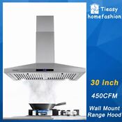 30in Wall Mount Range Hood 450cfm 3 Speeds Exhaust Fan Kitchen Over Stove Vented