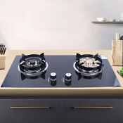 Black 73cm Built In 2 Burner Gas Cooktop Stove Cook Top With Tempered Glass