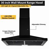 30 Inch Wall Mount Kitchen Range Hood Ventilation 450cfm 3 Speed Black W Led New