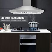 450cfm 36 Inch Wall Mount Range Hood Vent Stainless Steel 3 Speed Control Led