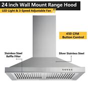 24 In Range Hood Stainless Steel Wall Mount Kitchen Vent 450cfm 3 Speed Fan New